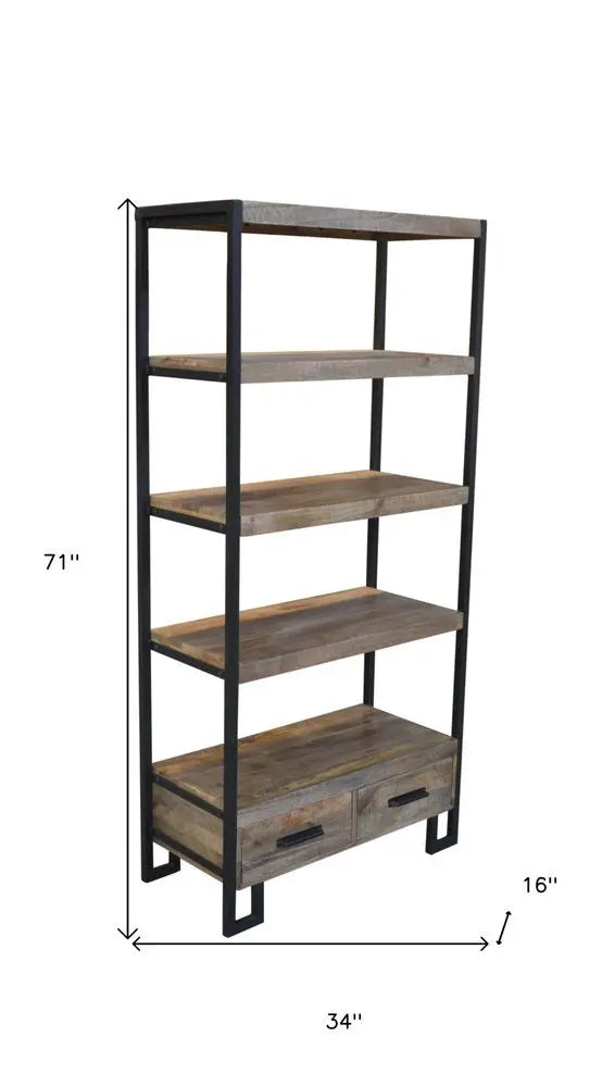 71" Brown Distressed Solid Wood Four Tier Etagere Bookcase with Two Drawers - NOBLE HOME INTERIORS