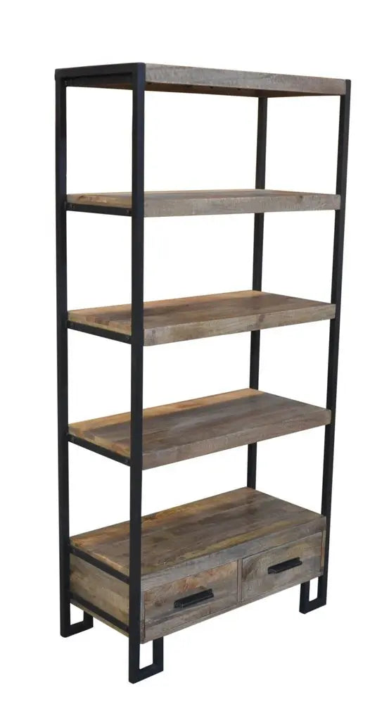 71" Brown Distressed Solid Wood Four Tier Etagere Bookcase with Two Drawers - NOBLE HOME INTERIORS