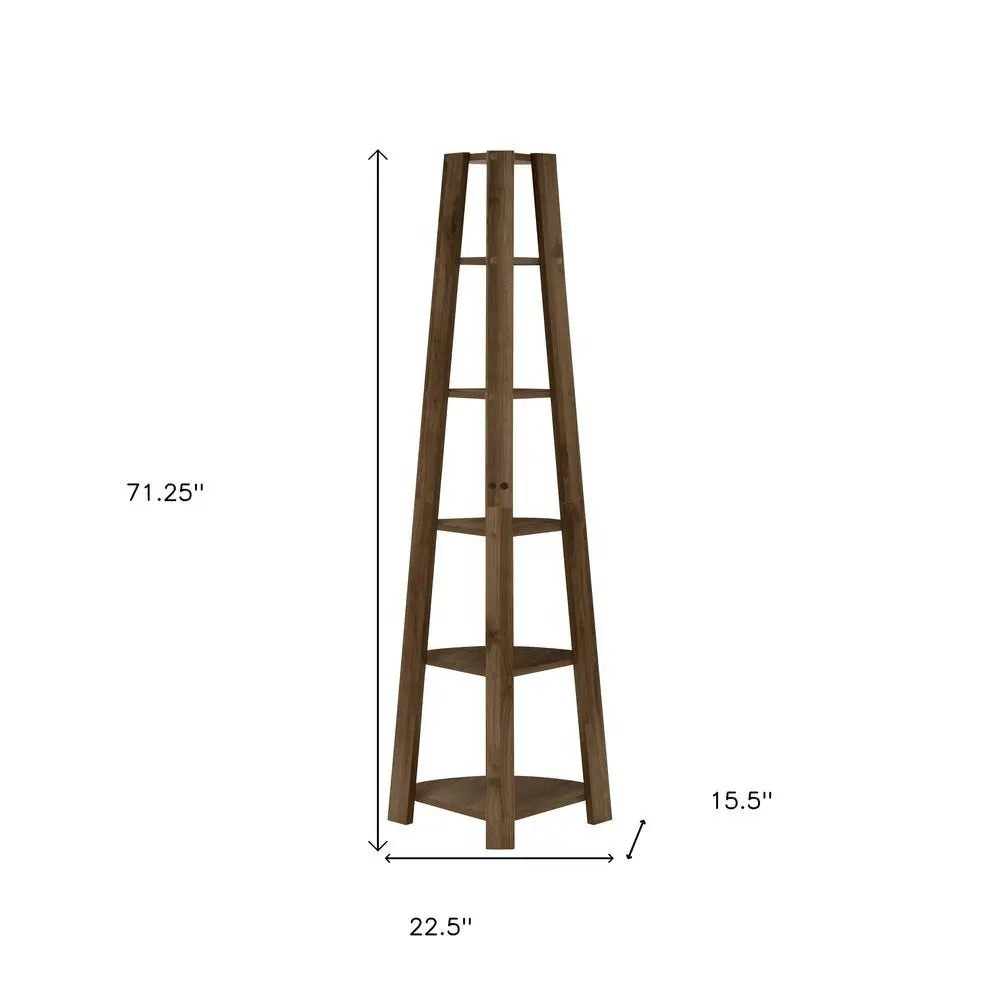 71" Dark Brown Wood Five Tier Corner Bookcase - NOBLE HOME INTERIORS