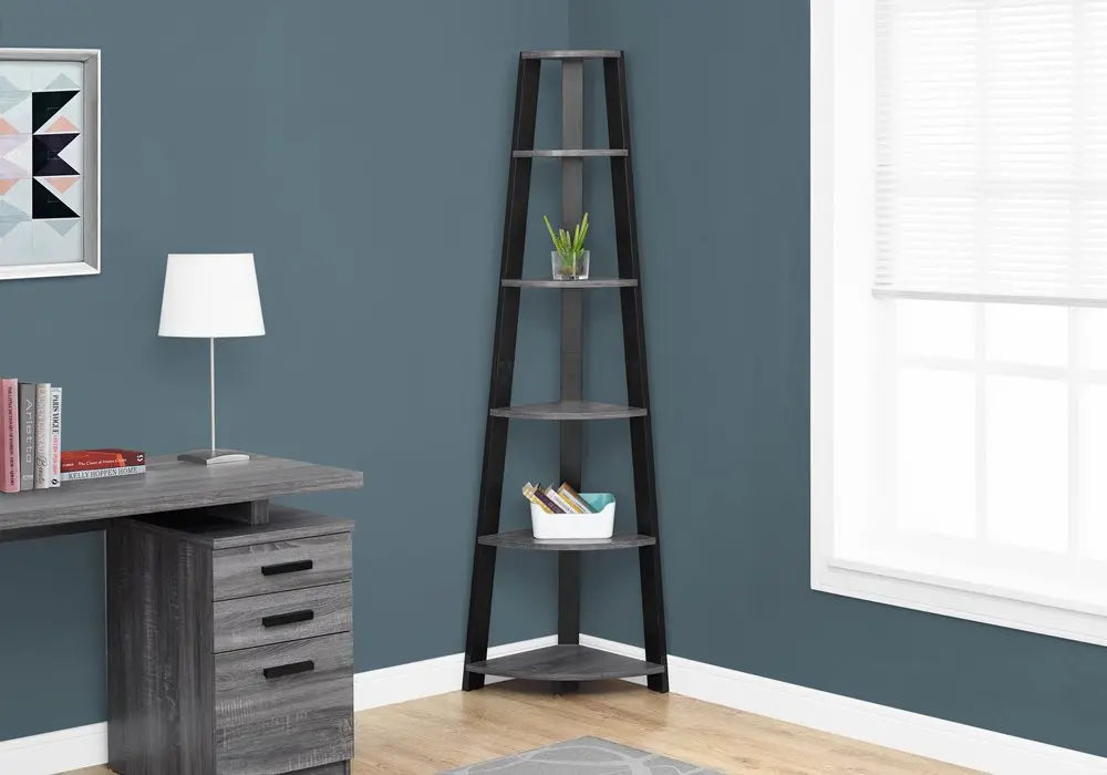 71" Espresso Wood Five Tier Corner Bookcase - NOBLE HOME INTERIORS