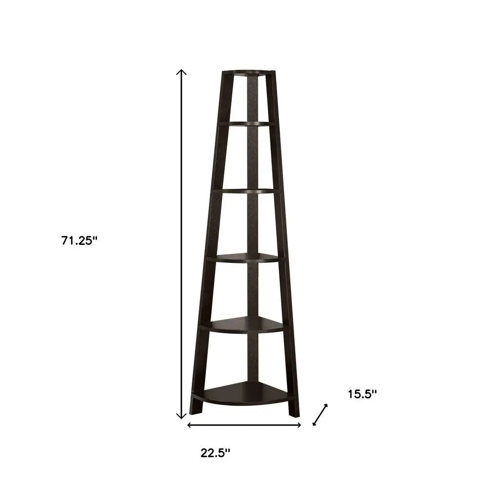 71" Espresso Wood Five Tier Corner Bookcase - NOBLE HOME INTERIORS