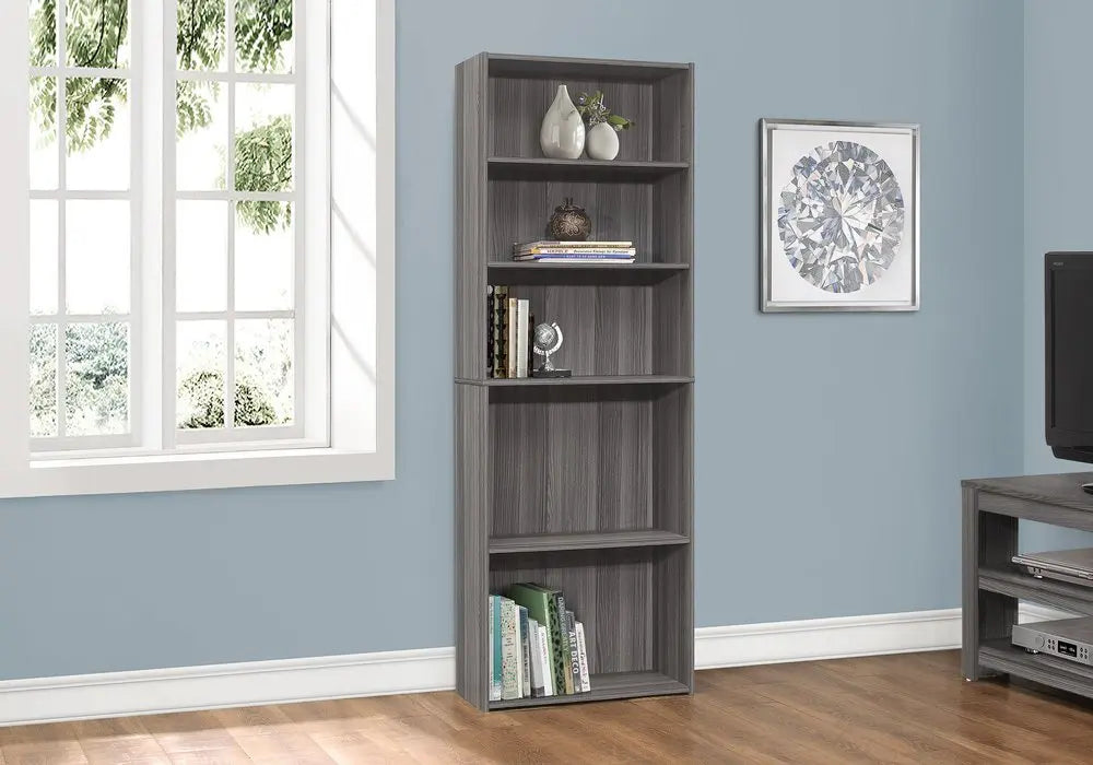 71" Gray Wood Adjustable Five Tier Bookcase - NOBLE HOME INTERIORS