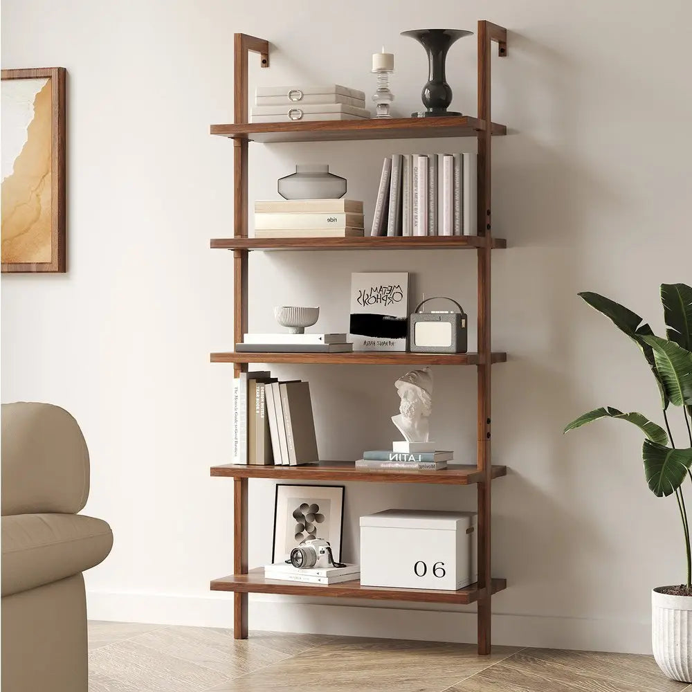 71" Light Brown Wood Adjustable Five Tier Etagere Bookcase - NOBLE HOME INTERIORS