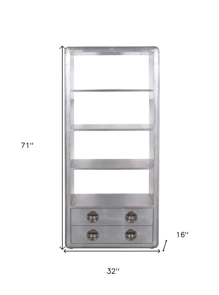 71" Silver Aluminum Four Tier Bookcase with Two Drawers - NOBLE HOME INTERIORS