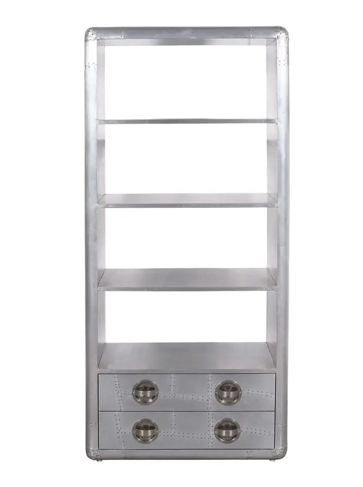 71" Silver Aluminum Four Tier Bookcase with Two Drawers - NOBLE HOME INTERIORS