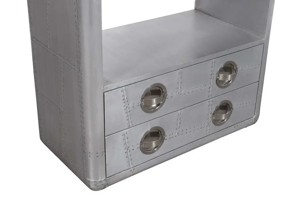 71" Silver Aluminum Four Tier Bookcase with Two Drawers - NOBLE HOME INTERIORS