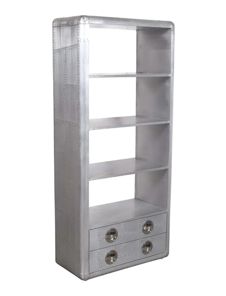 71" Silver Aluminum Four Tier Bookcase with Two Drawers - NOBLE HOME INTERIORS