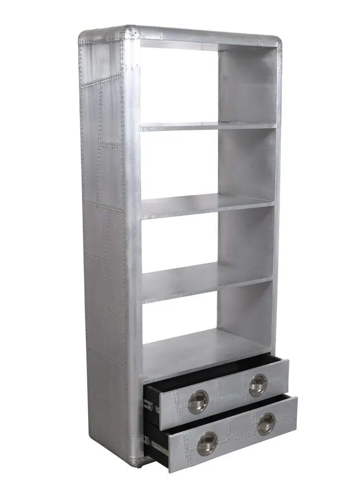 71" Silver Aluminum Four Tier Bookcase with Two Drawers - NOBLE HOME INTERIORS
