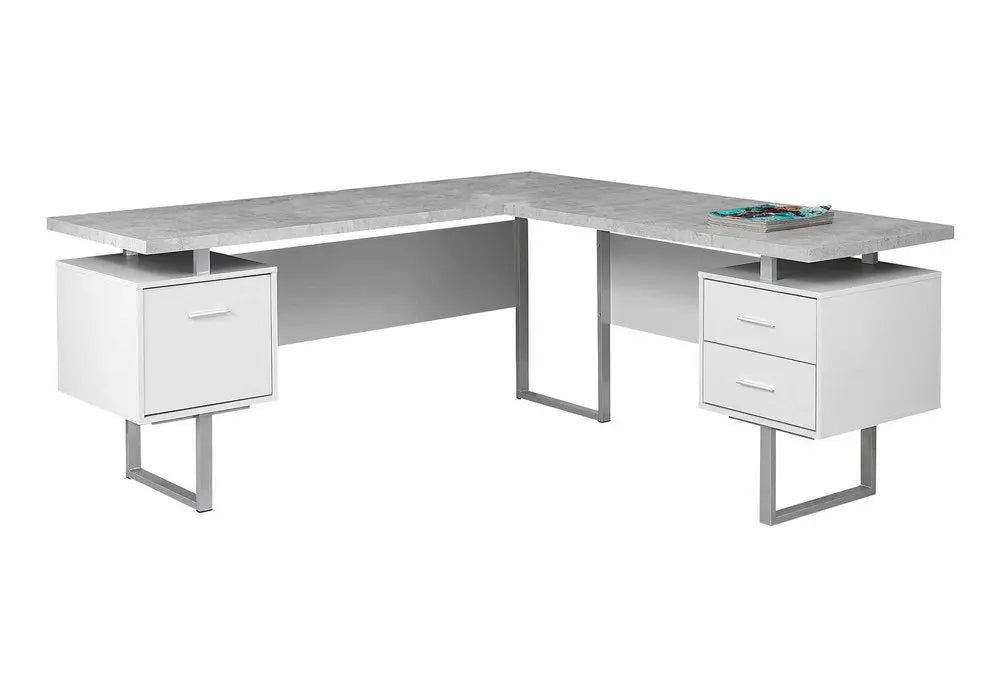 71" Taupe and Silver L Shape Computer Desk With Three Drawers - NOBLE HOME INTERIORS