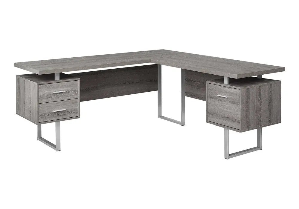 71" Taupe and Silver L Shape Computer Desk With Three Drawers - NOBLE HOME INTERIORS