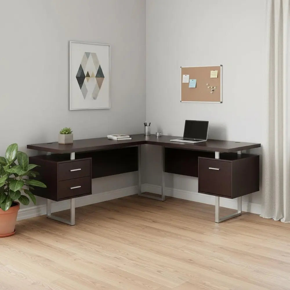 71" Taupe and Silver L Shape Computer Desk With Three Drawers - NOBLE HOME INTERIORS