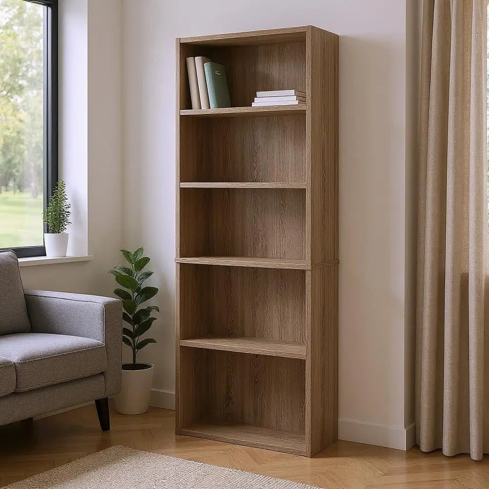 71" Taupe Distressed Wood Adjustable Five Tier Bookcase - NOBLE HOME INTERIORS