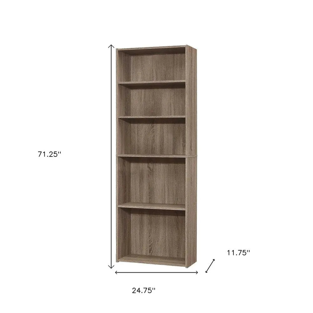 71" Taupe Distressed Wood Adjustable Five Tier Bookcase - NOBLE HOME INTERIORS