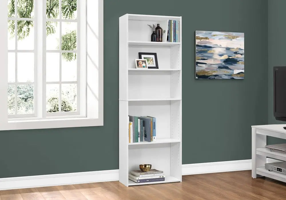 71" White Wood Adjustable Five Tier Bookcase - NOBLE HOME INTERIORS