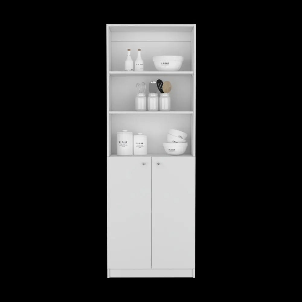71" White Wood Three Tier Bookcase with Two Doors - NOBLE HOME INTERIORS