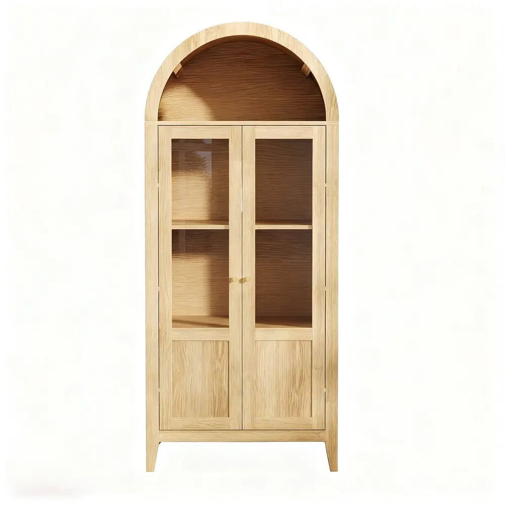 30" Natural Arched Accent Cabinet With Two Glass Panel Doors HomeRoots