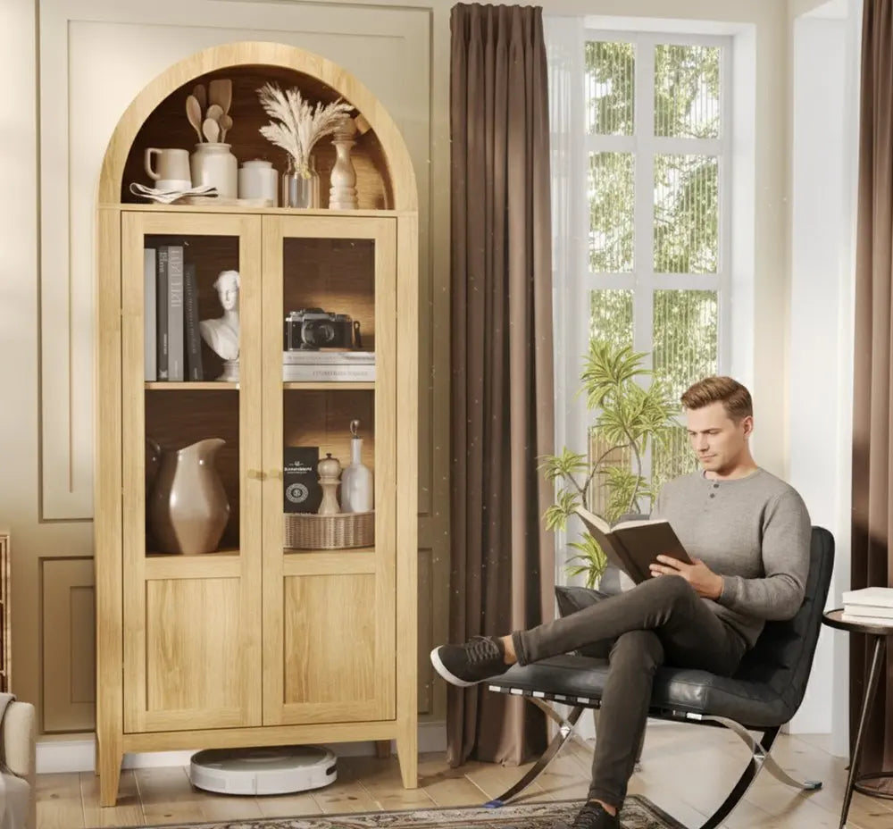 30" Natural Arched Accent Cabinet With Two Glass Panel Doors HomeRoots