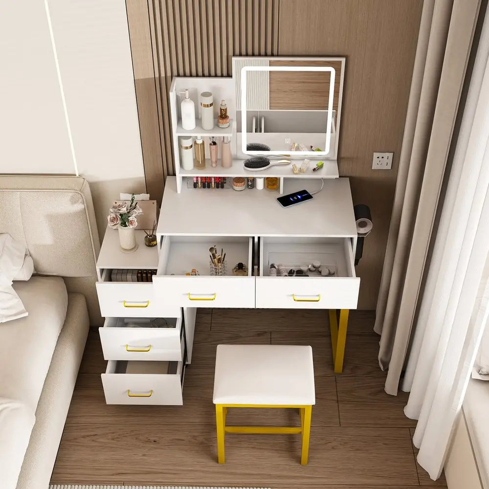 32" White Wood Lighted Five Drawer Dresser HomeRoots