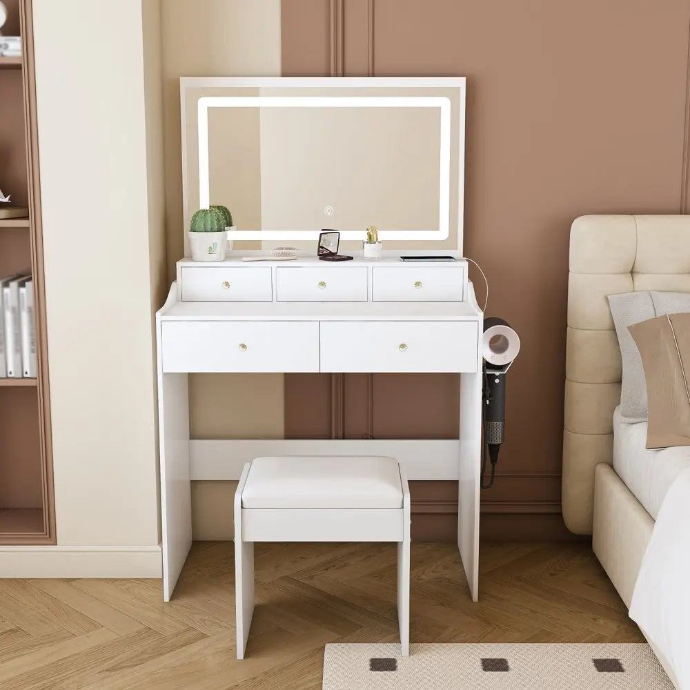 30" White Wood Lighted Five Drawer Dresser HomeRoots