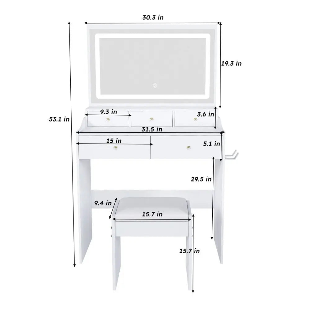 30" White Wood Lighted Five Drawer Dresser HomeRoots