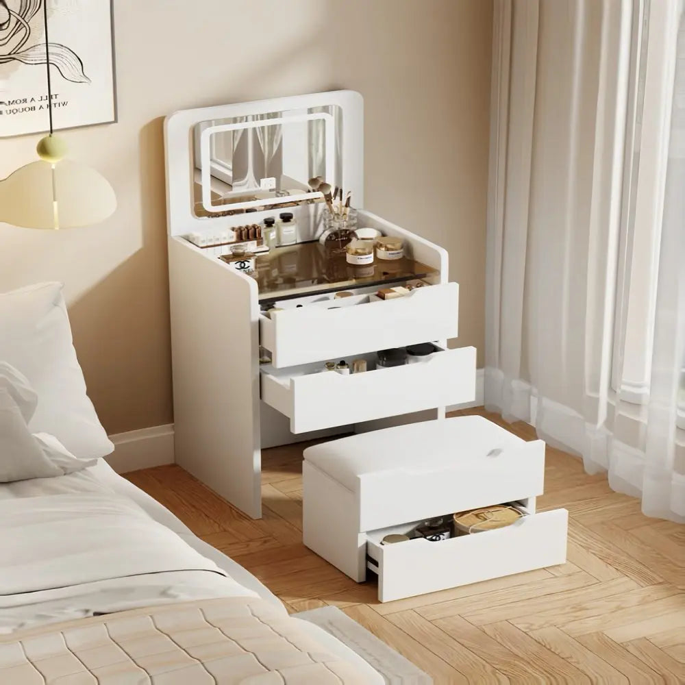 24" White Wood Lighted Mirrored Three Drawer Dresser HomeRoots