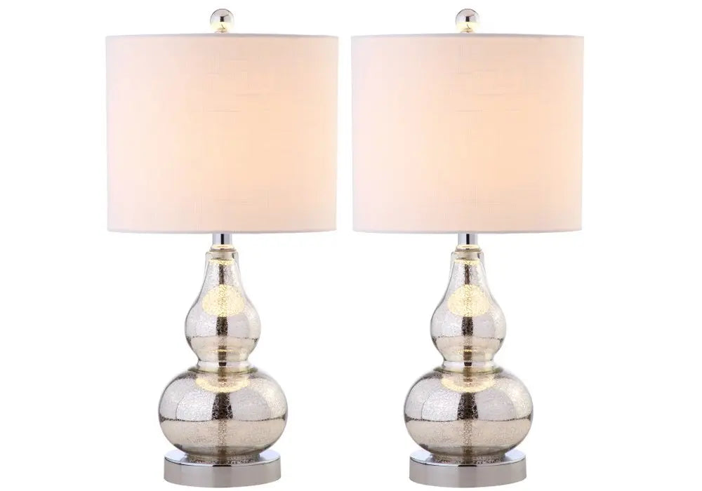 Set of Two 21" Silver Gourd Desk Lamps LED With Drum Shades HomeRoots