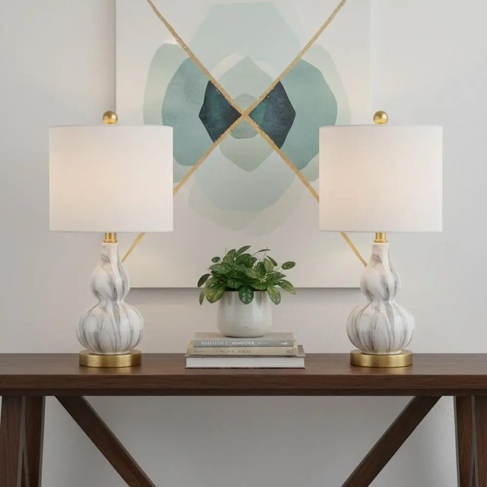 Set of Two 21" Gold Gourd Desk Lamps LED With Drum Shades HomeRoots