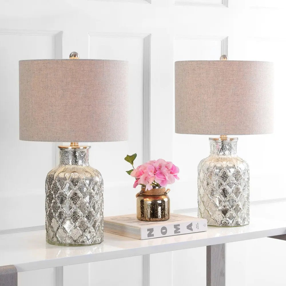 Set of Two 25" Silver Novelty Table Lamps LED With Drum Shades HomeRoots