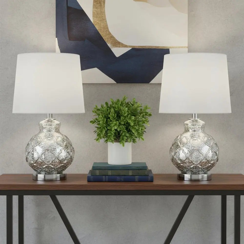 Set of Two 26" Silver Novelty Table Lamps LED With Drum Shades HomeRoots
