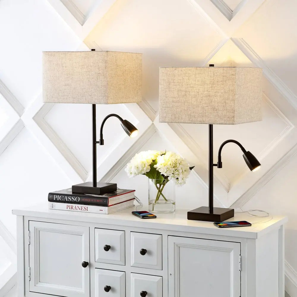 Set of Two 26" Antiqued Bronze Swing Arm Table Lamps LED With Square Shades HomeRoots