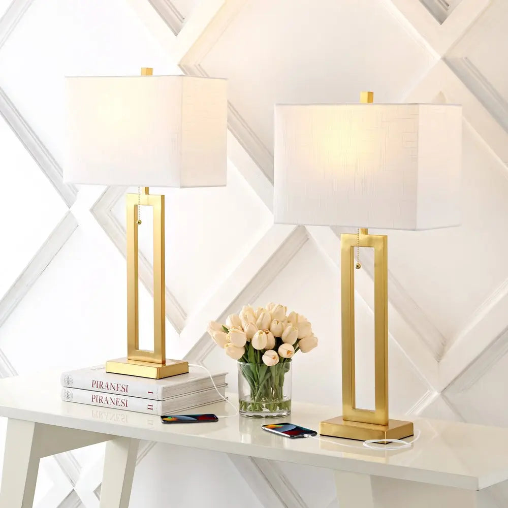 Set of Two 29" Gold Table Lamps LED With Shades HomeRoots