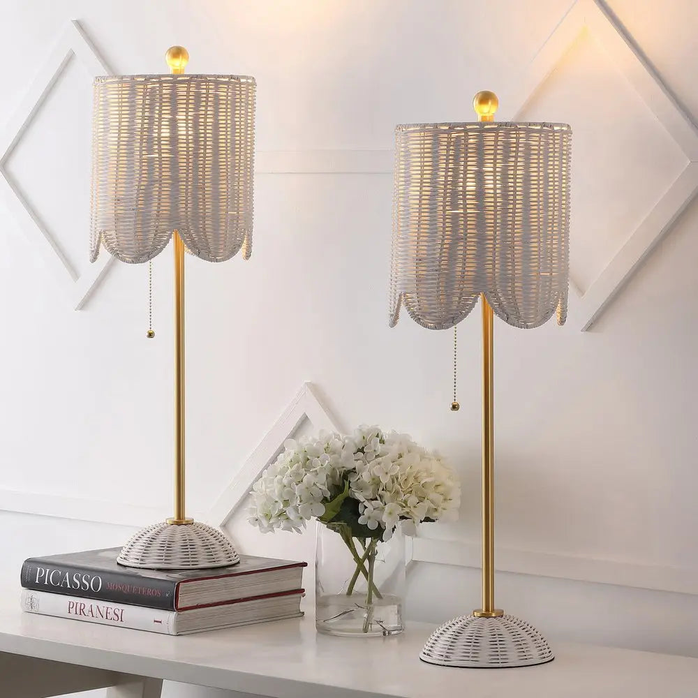 Set of Two 28" White Table Lamps LED With Drum Shades HomeRoots