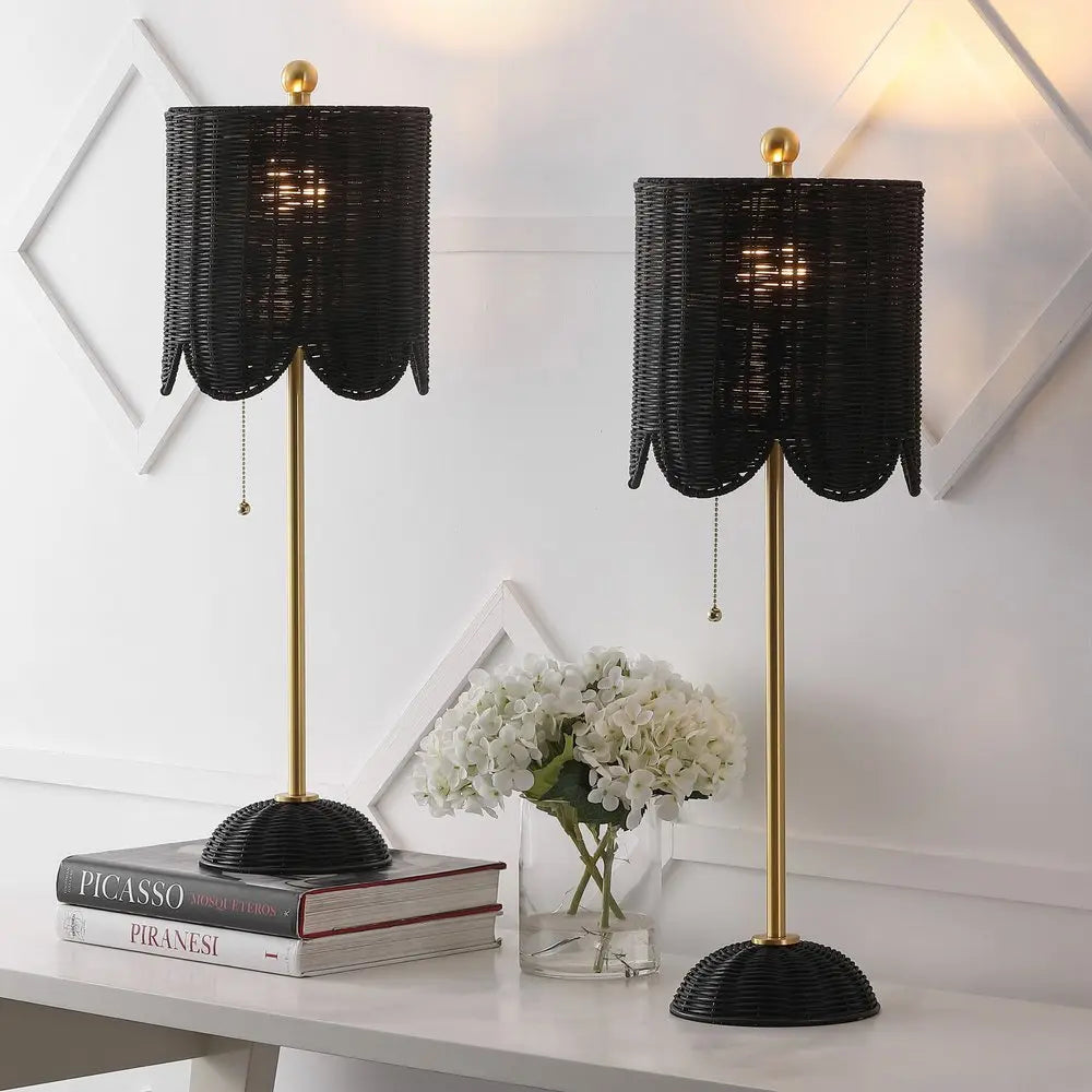 Set of Two 28" Black Table Lamps LED With Drum Shades HomeRoots