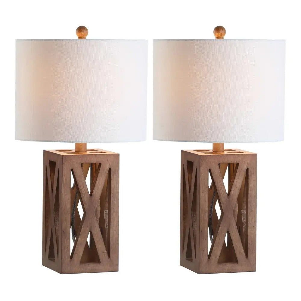 Set of Two 22" Brown Table Lamps LED With Drum Shades HomeRoots