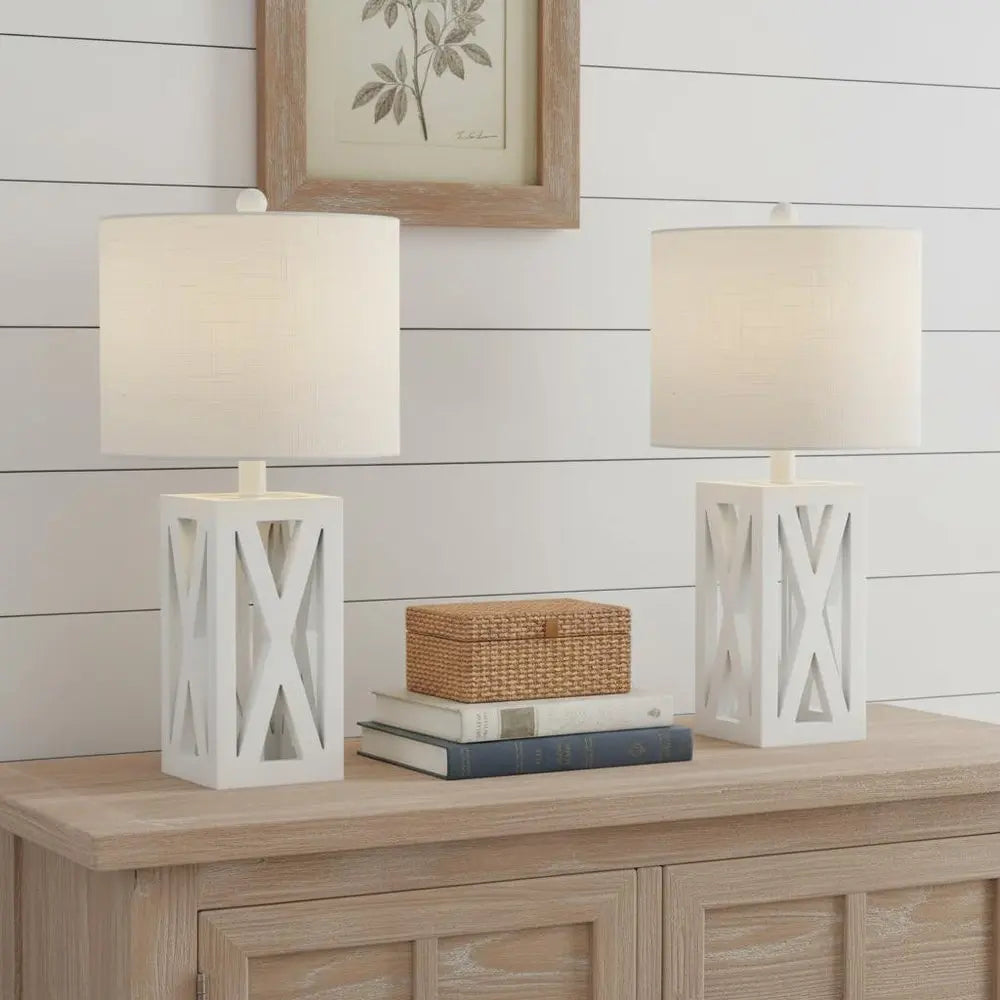 Set of Two 22" White Table Lamps LED With Drum Shades HomeRoots