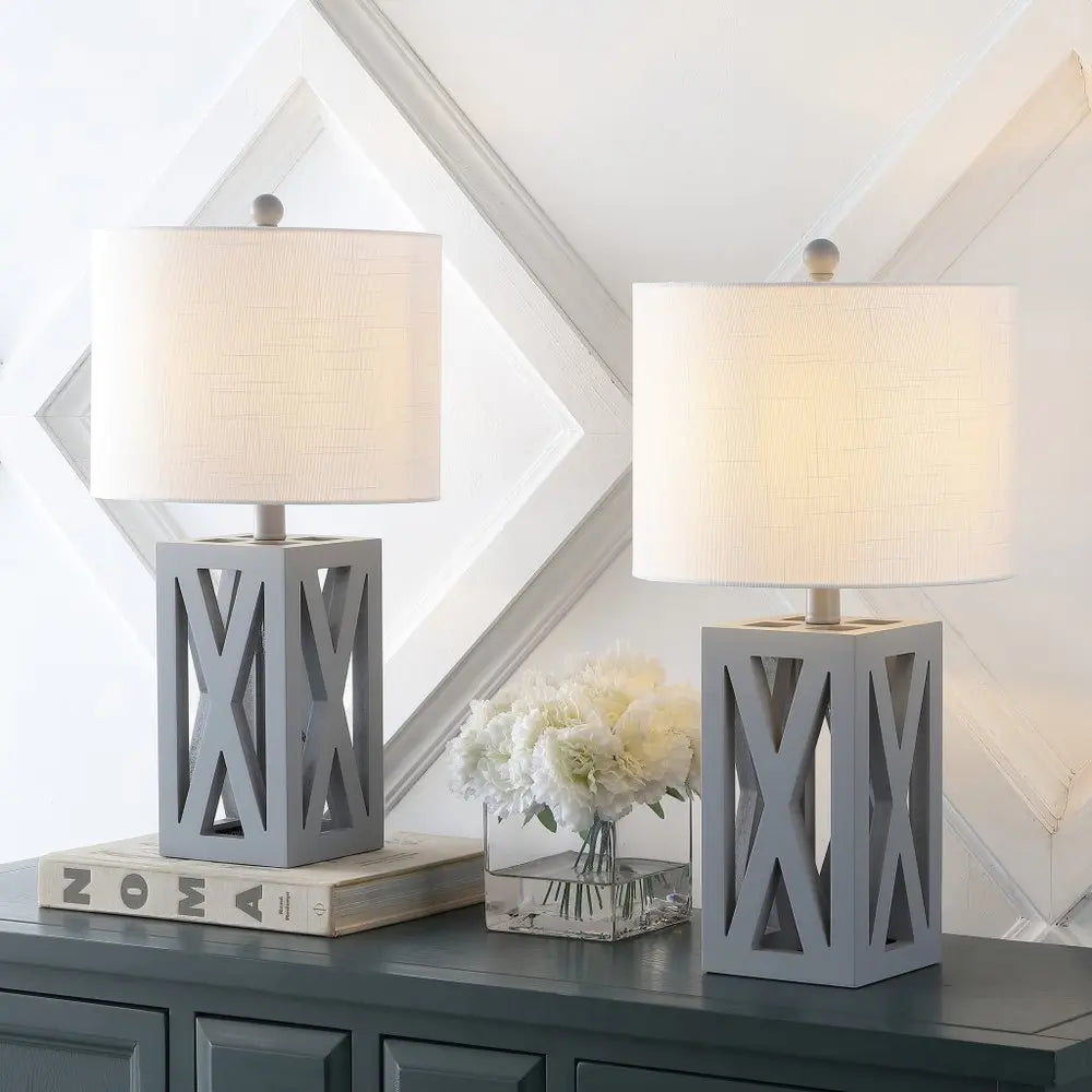 Set of Two 22" Gray Table Lamps LED With Drum Shades HomeRoots