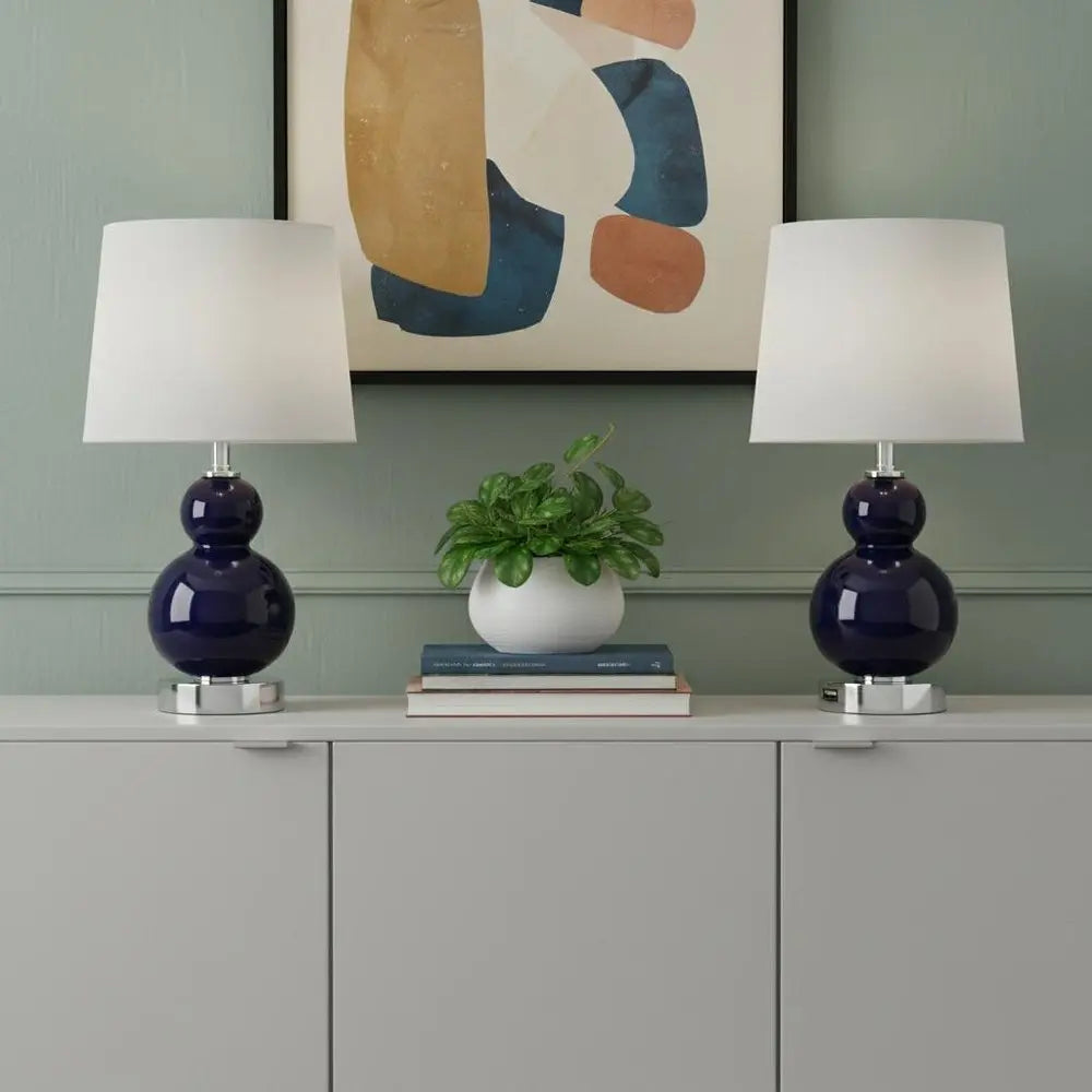 Set of Two 22" Silver Gourd Table Lamps LED With Drum Shades HomeRoots