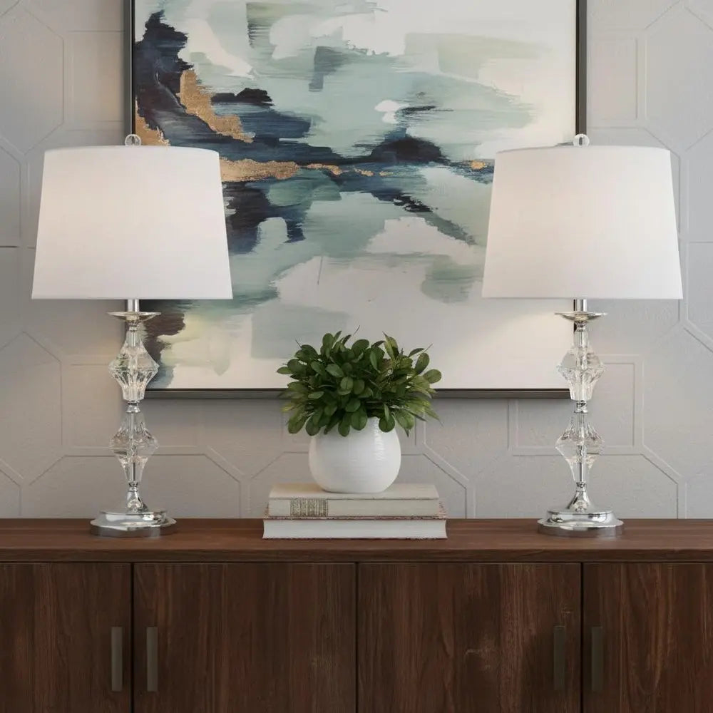 Set of Two 28" Silver Novelty Table Lamps LED With Drum Shades HomeRoots