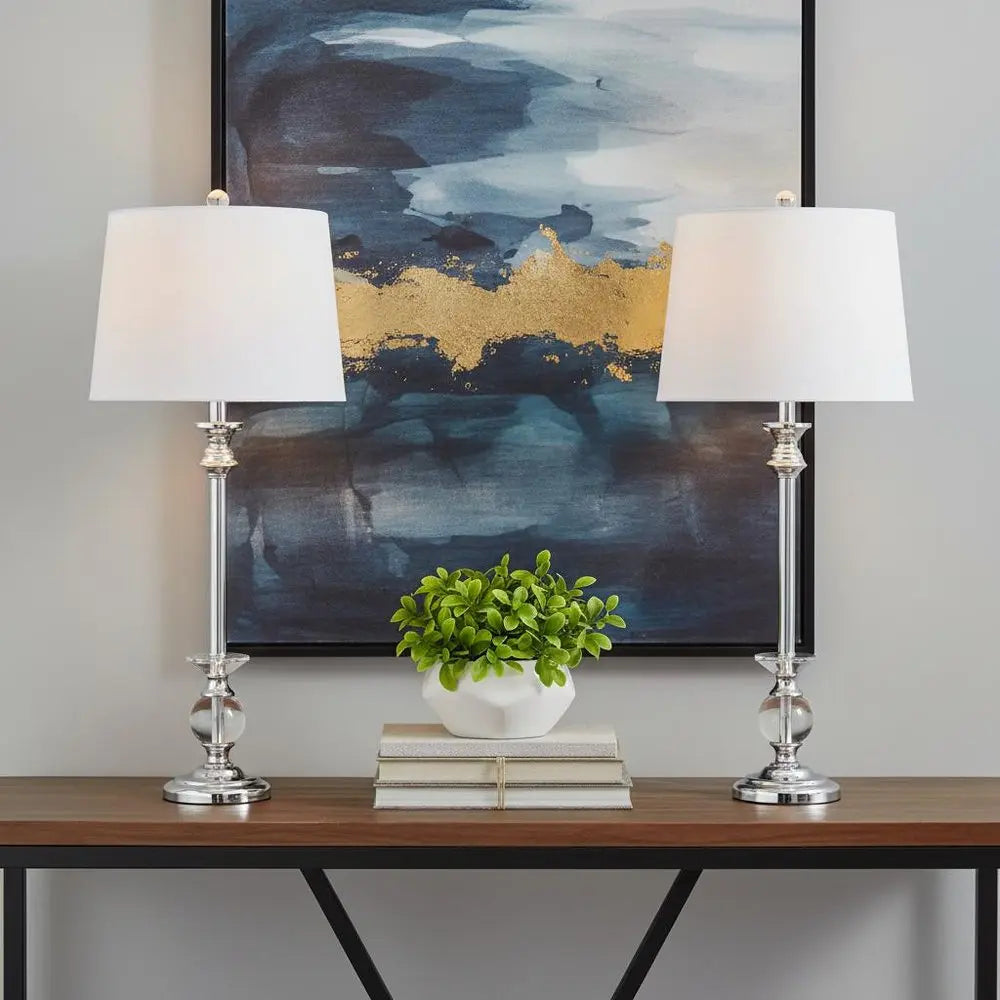 Set of Two 33" Silver Novelty Table Lamps LED With Drum Shades HomeRoots