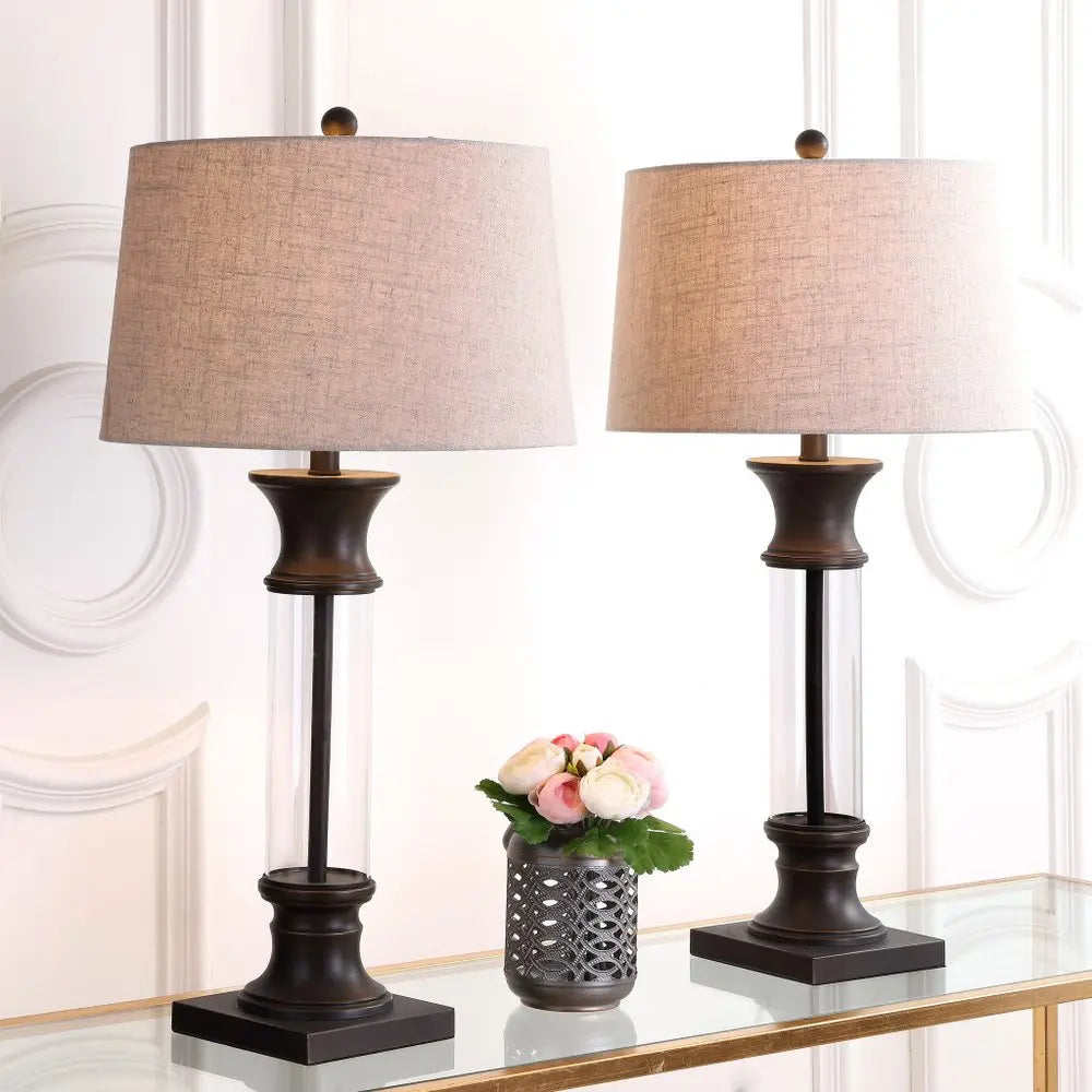 Set of Two 32" Bronze Novelty Table Lamps LED With Drum Shades HomeRoots
