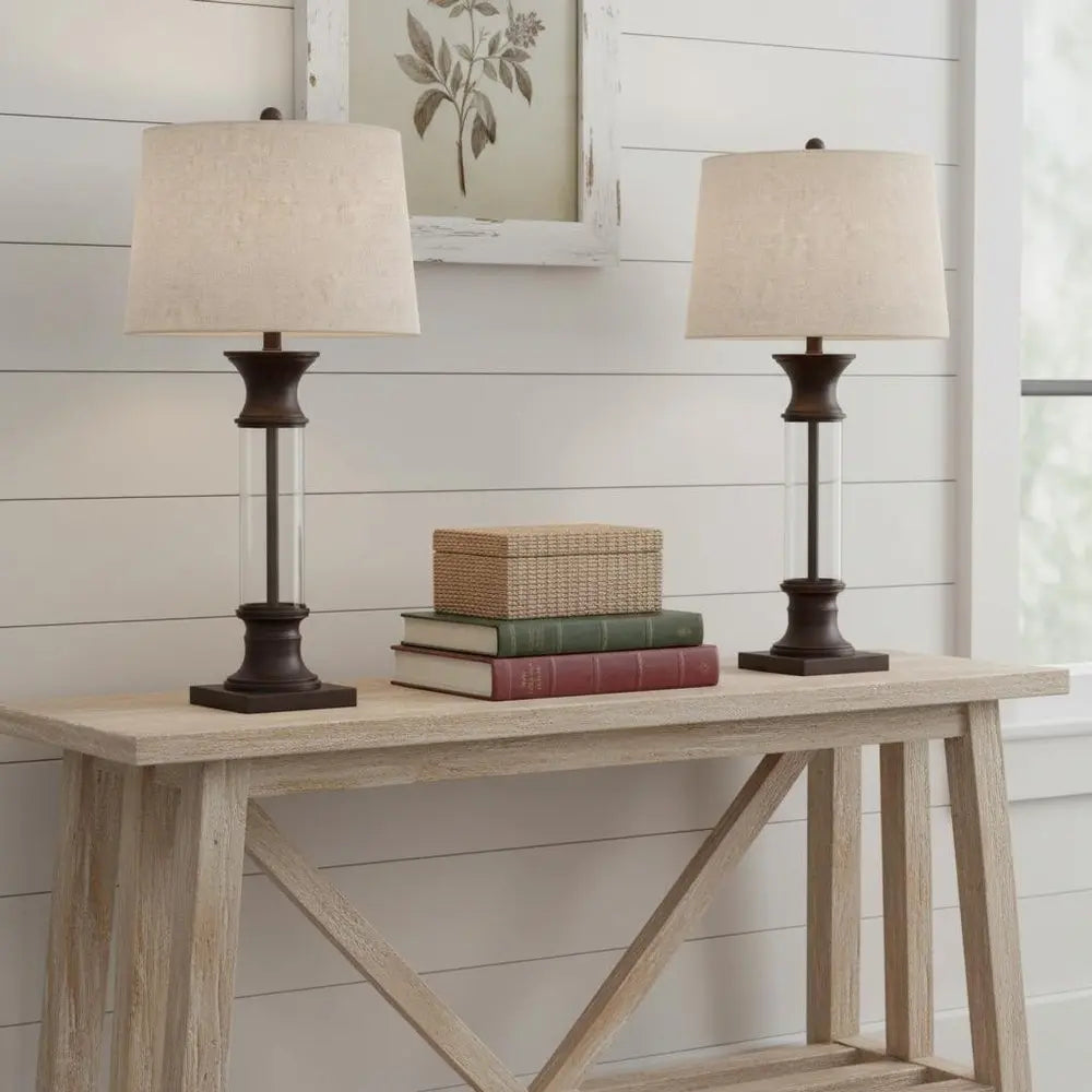 Set of Two 32" Bronze Novelty Table Lamps LED With Drum Shades HomeRoots