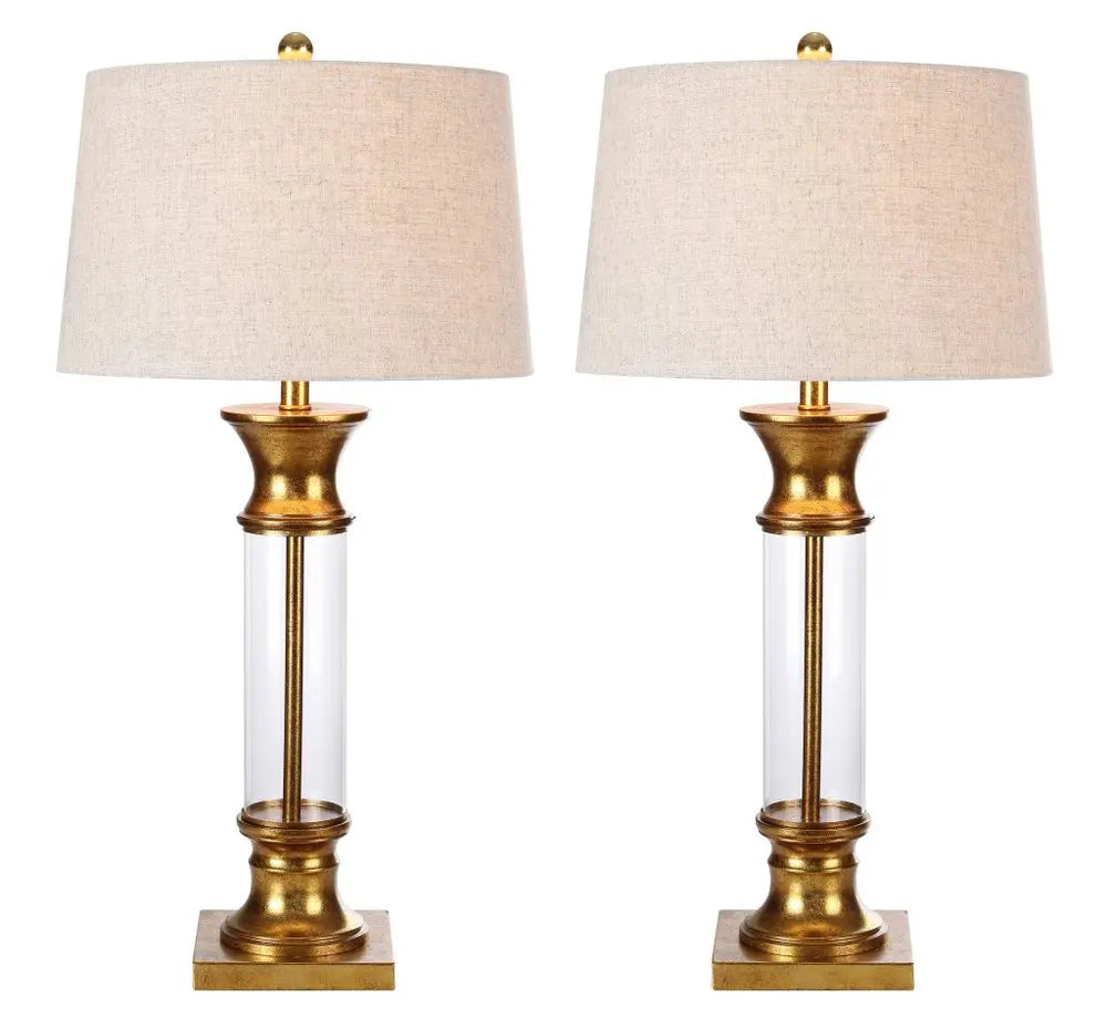 Set of Two 32" Gold Novelty Table Lamps LED With Drum Shades HomeRoots