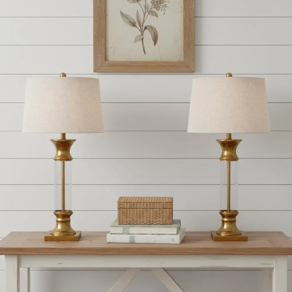 Set of Two 32" Gold Novelty Table Lamps LED With Drum Shades HomeRoots