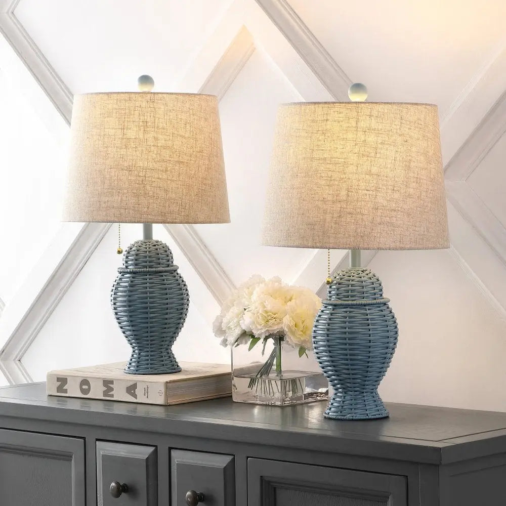 Set of Two 21" Blue Urn Table Lamps LED With Empire Shades HomeRoots