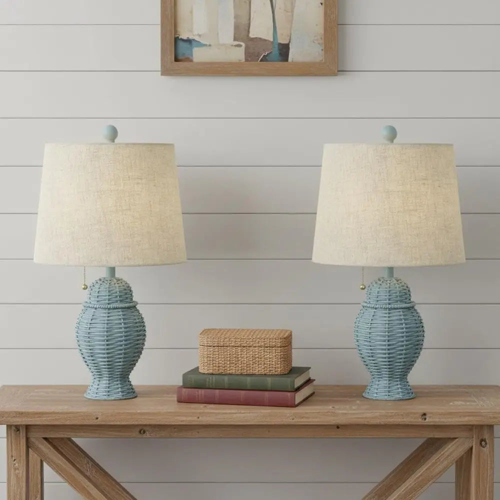 Set of Two 21" Blue Urn Table Lamps LED With Empire Shades HomeRoots