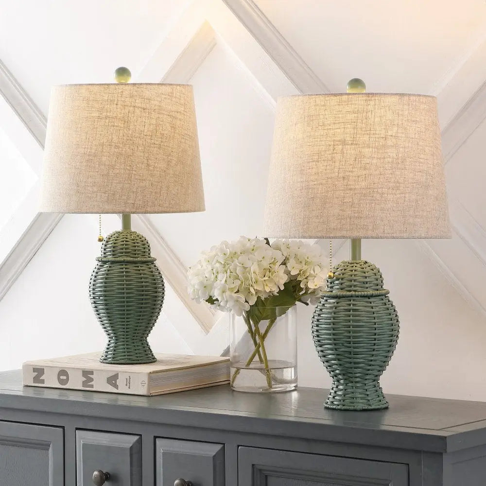 Set of Two 21" Green Urn Table Lamps LED With Empire Shades HomeRoots