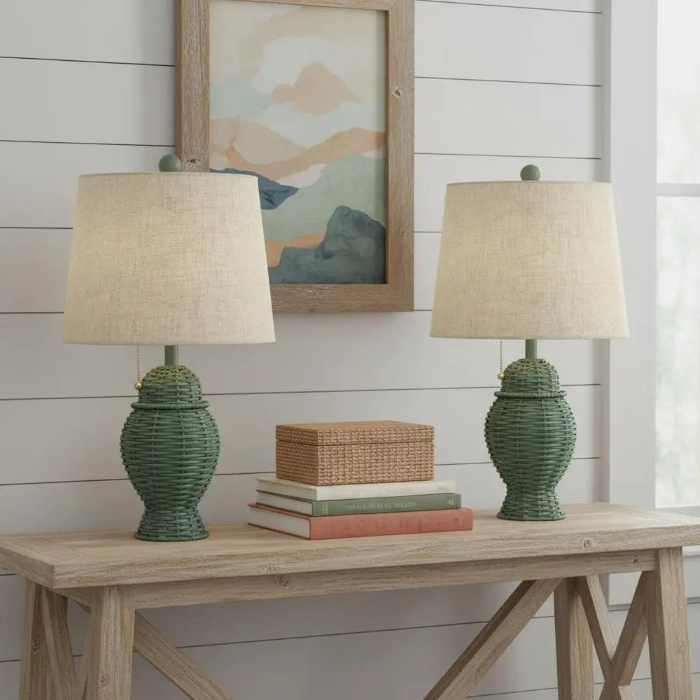 Set of Two 21" Green Urn Table Lamps LED With Empire Shades HomeRoots