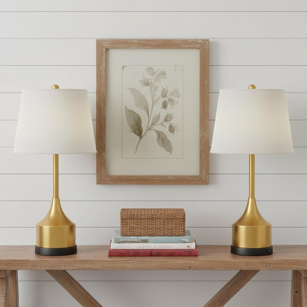 Set of Two 26" Black Novelty Table Lamps LED With Empire Shades HomeRoots