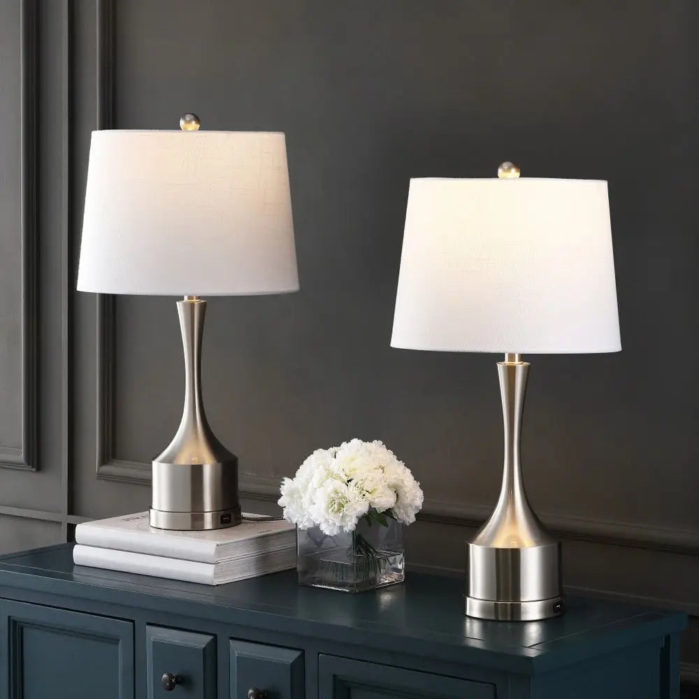 Set of Two 26" Nickel Novelty Table Lamps LED With Empire Shades HomeRoots