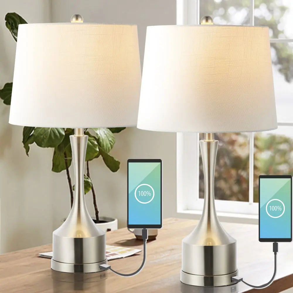 Set of Two 26" Nickel Novelty Table Lamps LED With Empire Shades HomeRoots